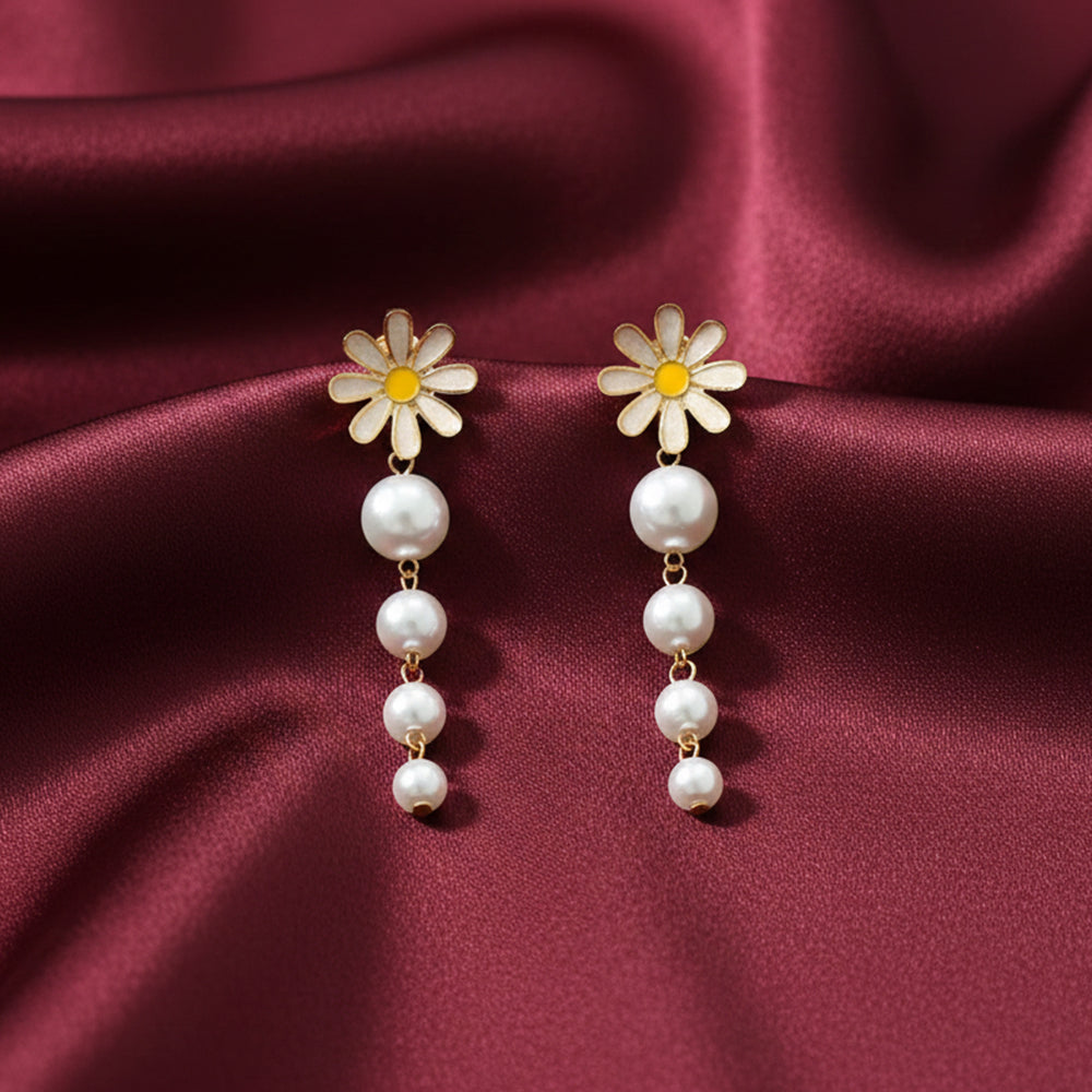 The99Jewel Gold Plated Flower & Pearl Design Long Earring