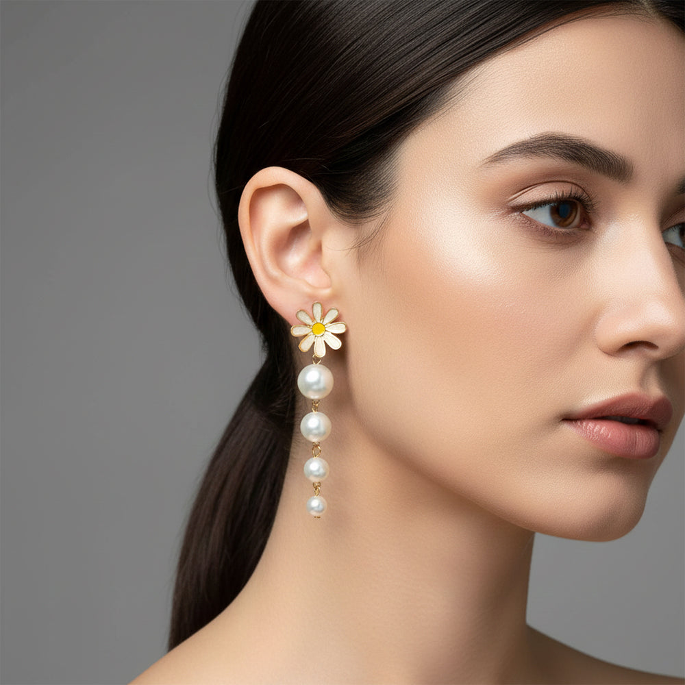 The99Jewel Gold Plated Flower & Pearl Design Long Earring