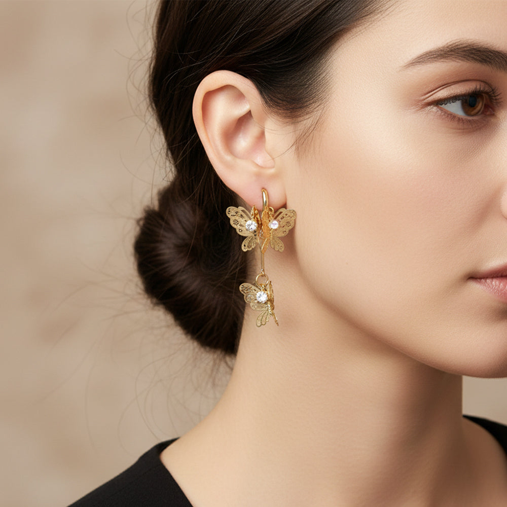 The99Jewel Stylish Double Butterfly Drop Gold Plated Earrings for Women