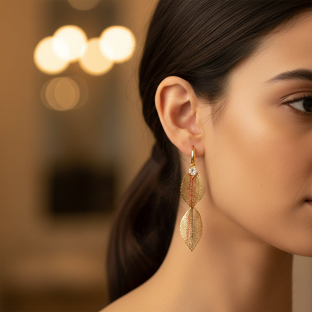 The99Jewel Stylish Double Leaf Drop Gold Plated Earrings for Women