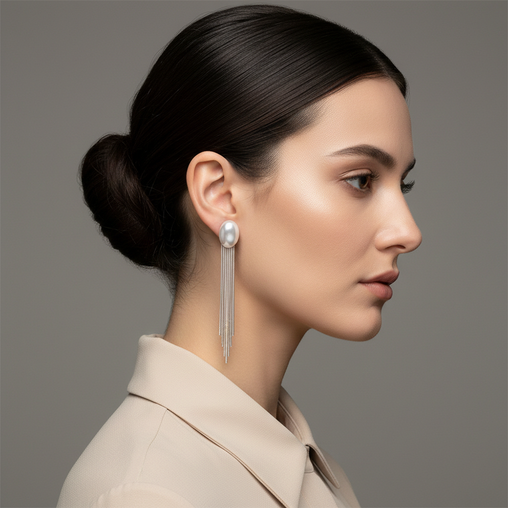 The99Jewel Luxe Oval Pearl Classy Long Drop Earrings