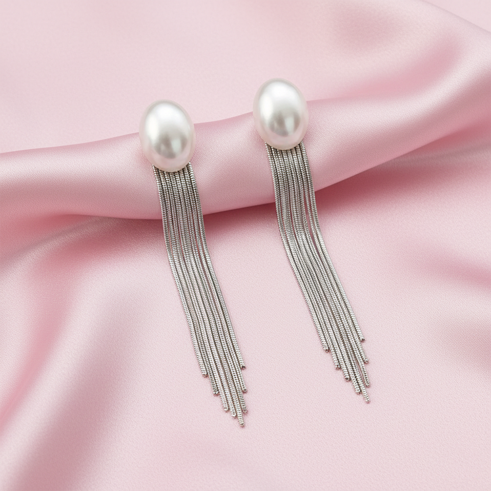 The99Jewel Luxe Oval Pearl Classy Long Drop Earrings