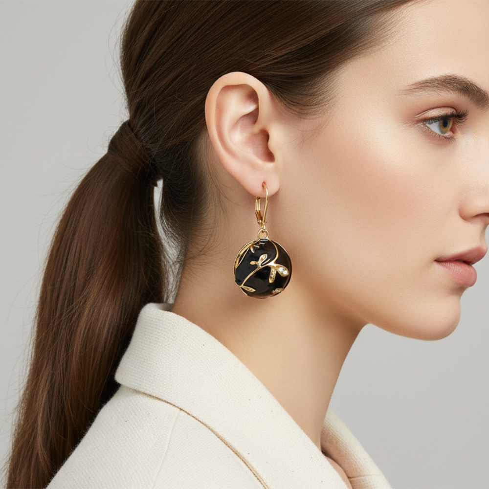 The99Jewel Black Enamel Textured Gold-Line Anti Tarnish Dangler Earrings
