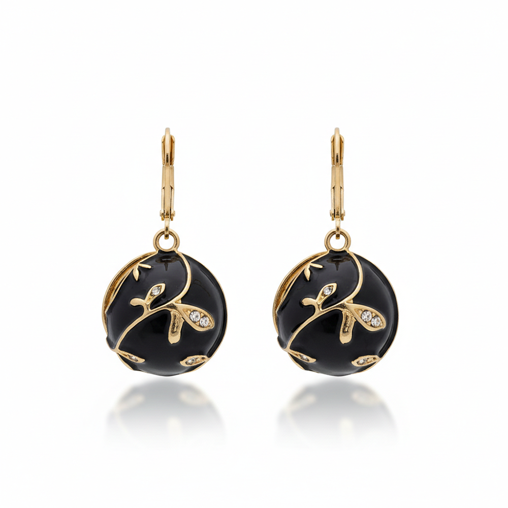 The99Jewel Black Enamel Textured Gold-Line Anti Tarnish Dangler Earrings