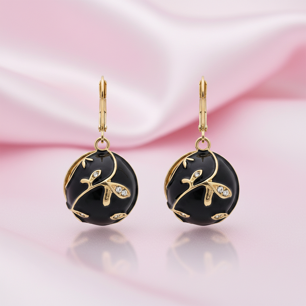 The99Jewel Black Enamel Textured Gold-Line Anti Tarnish Dangler Earrings