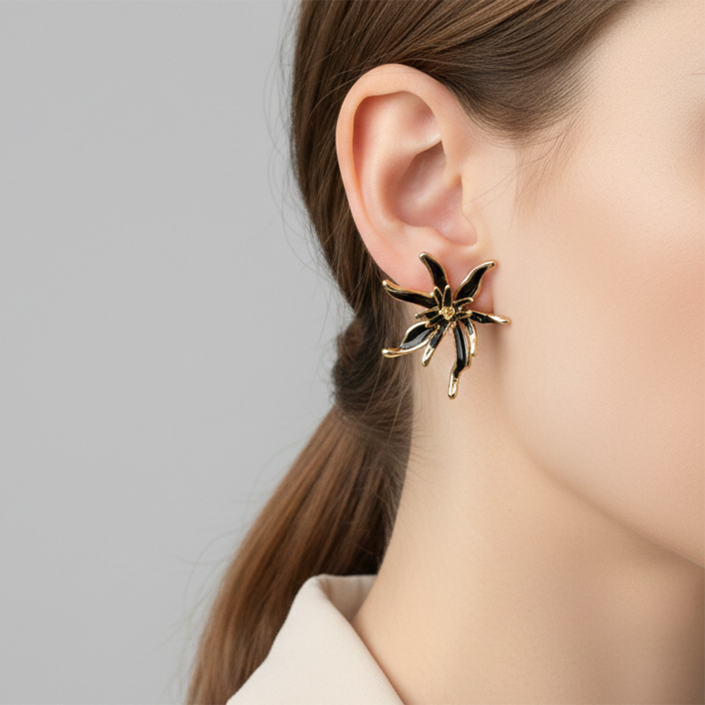 The99Jewel Designer Black & Gold Floral Pattern Anti Tarnish Studs