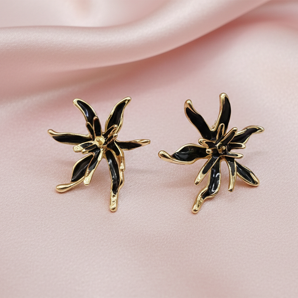 The99Jewel Designer Black & Gold Floral Pattern Anti Tarnish Studs