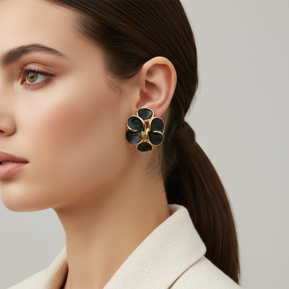 The99Jewel Premium Black Enamel Designer Floral Anti Tarnish Studs