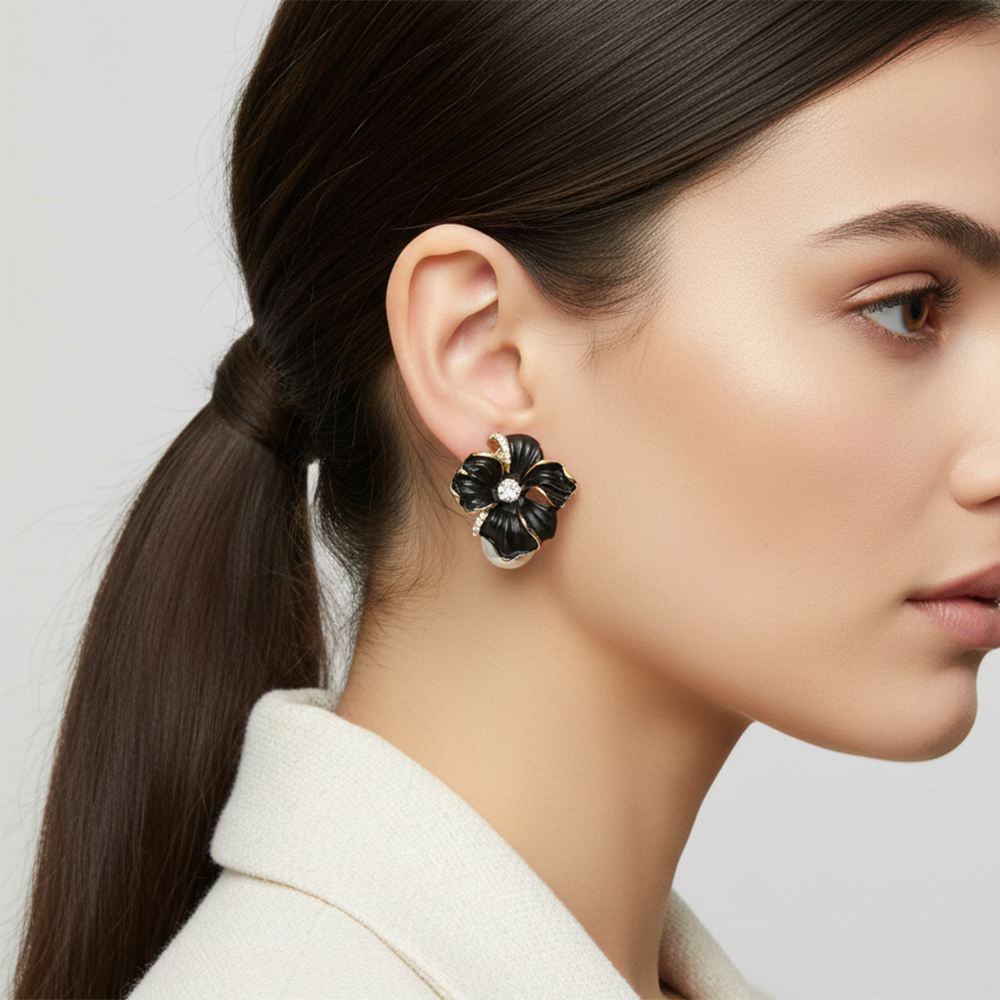 The99Jewel Chic Black Enamel Fashion Floral Anti Tarnish Studs
