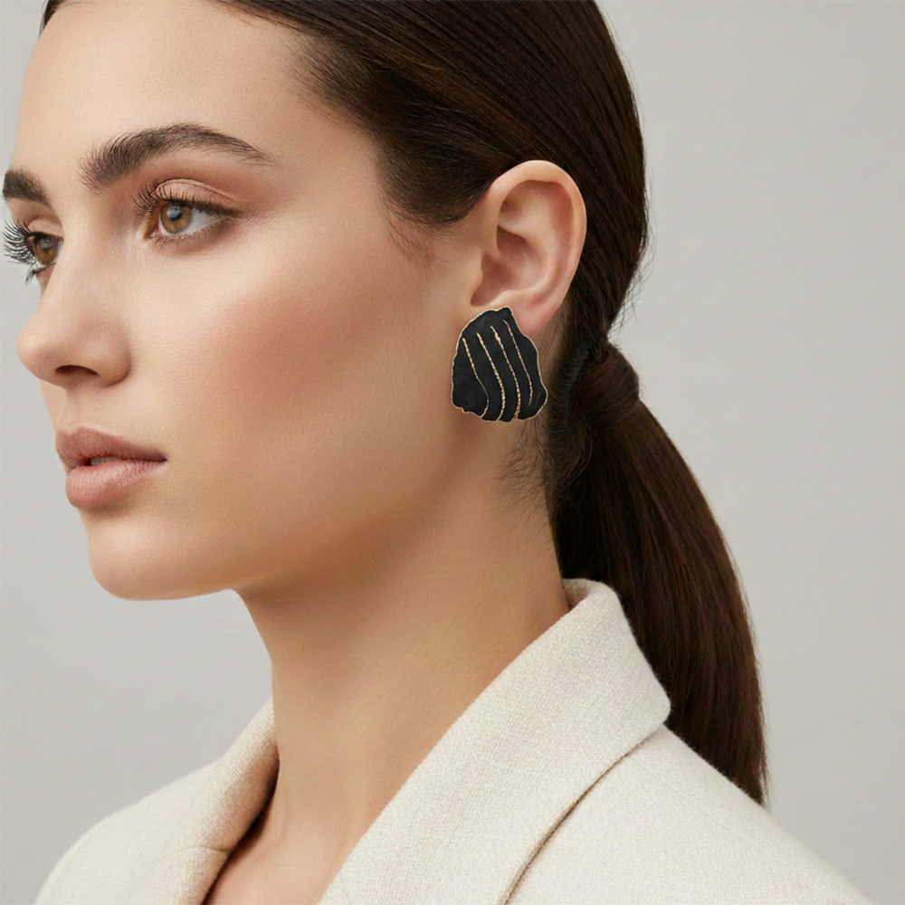 The99Jewel Artistic Black Enamel Gold Stroke Stud Anti Tarnish Earrings