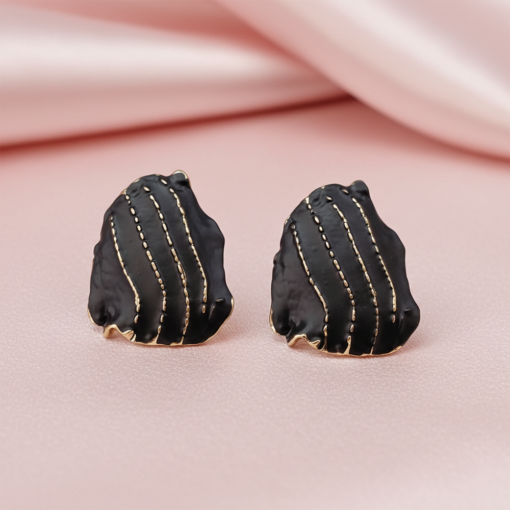 The99Jewel Artistic Black Enamel Gold Stroke Stud Anti Tarnish Earrings