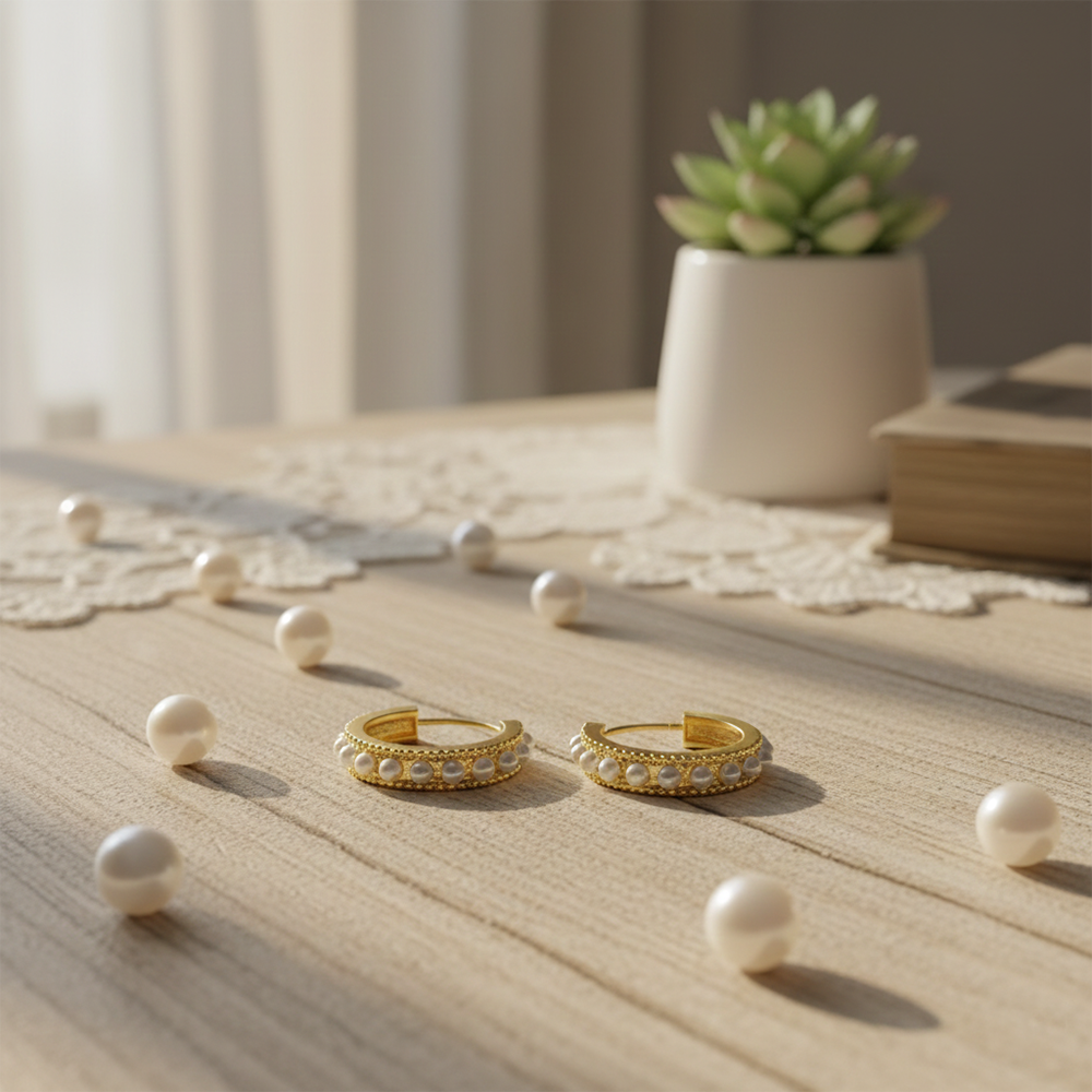 The99Jewel Stylish Gold Hoop Erarings With White pearl