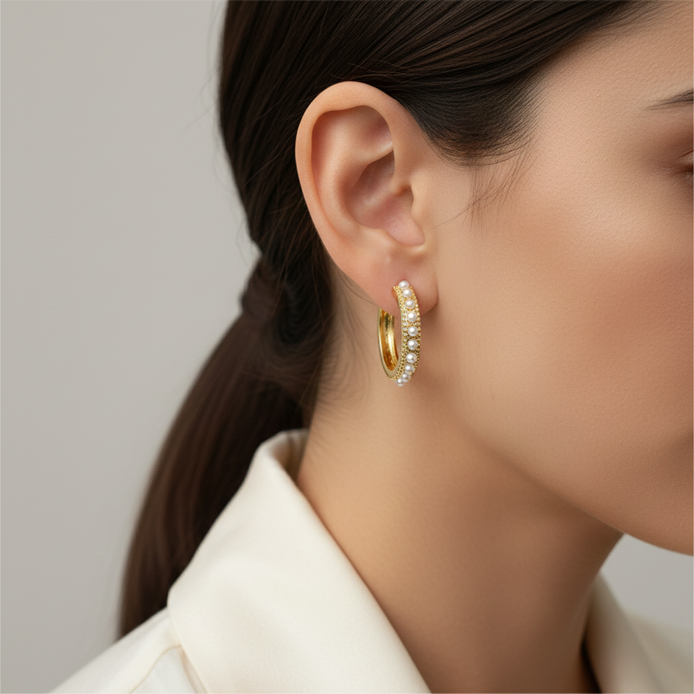 The99Jewel Stylish Gold Hoop Erarings With White pearl