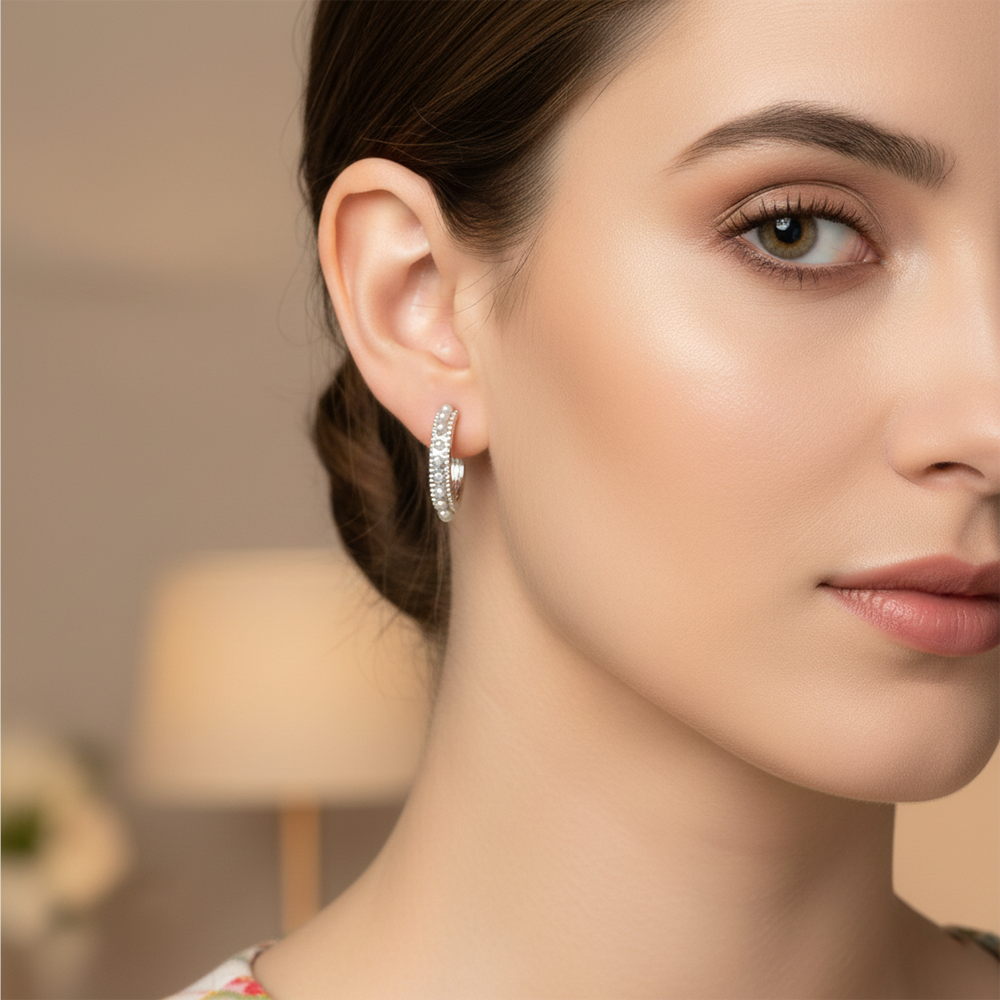 The99Jewel Stylish Silver Hoop Erarings With White pearl