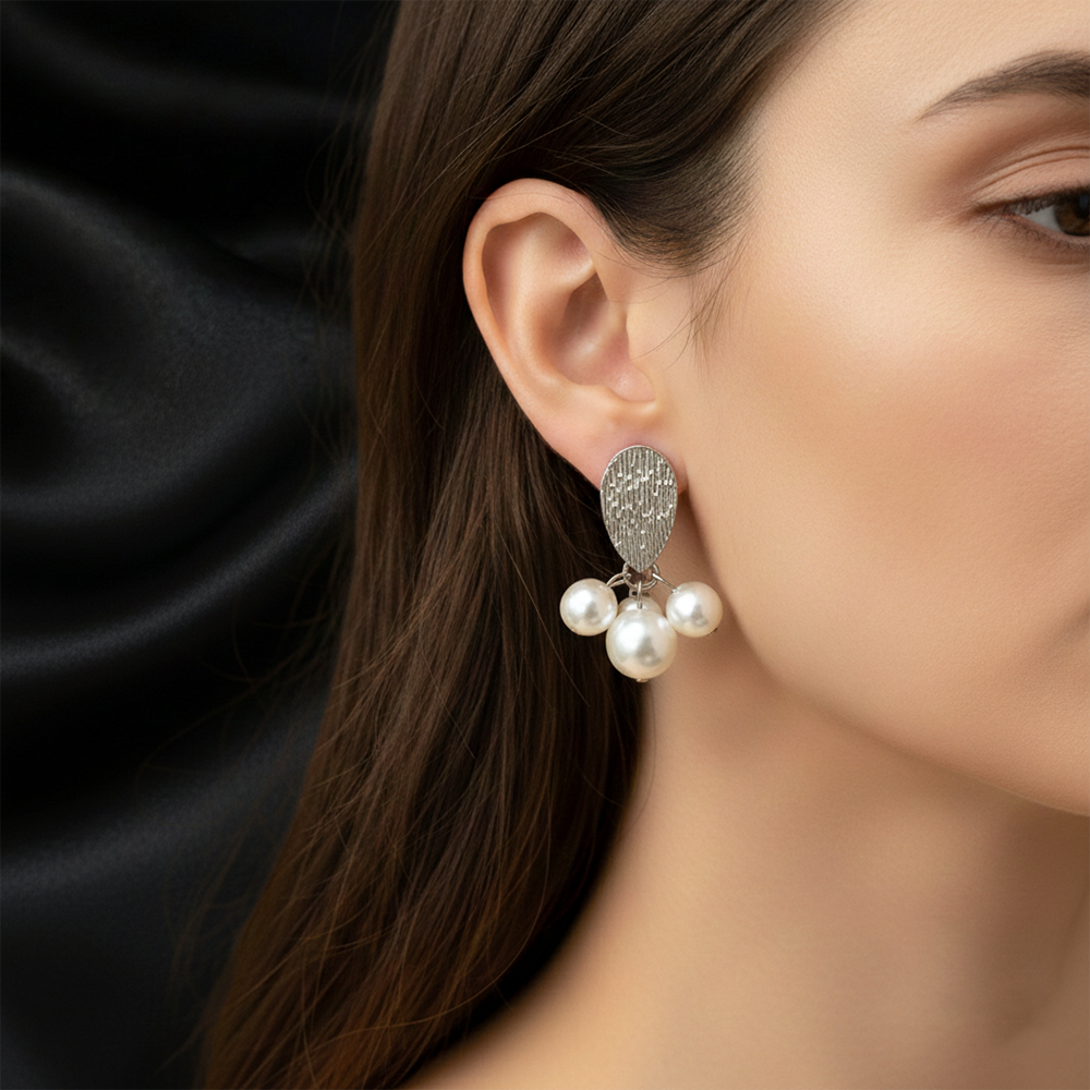 The99Jewel Silver Textured Stud Earrings with Pearl Cluster Drops