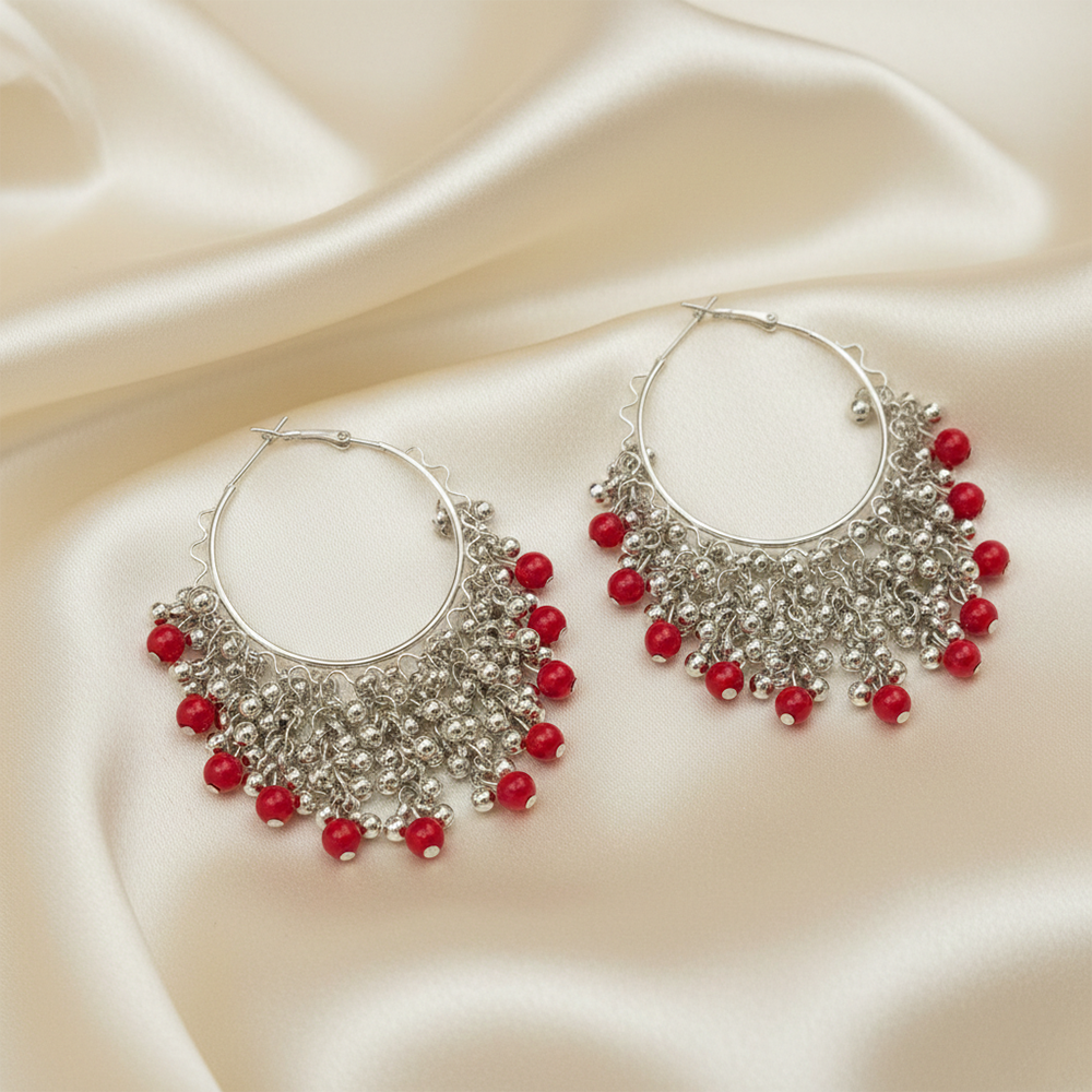 The99Jewel Bloom Silver Dangler Earrings With Red Pearl