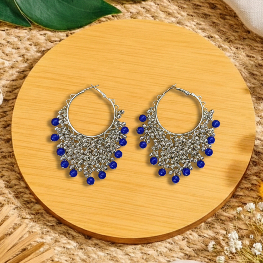 The99Jewel Bloom Silver Dangler Earrings With Dark Blue Pearl