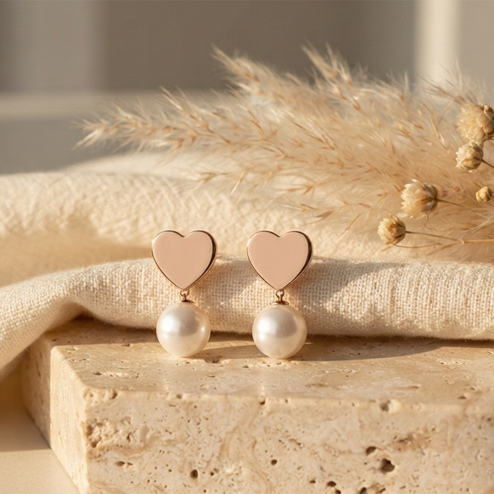 The99Jewel Rose Gold Plated Heart Pearl Stud Earrings for Women