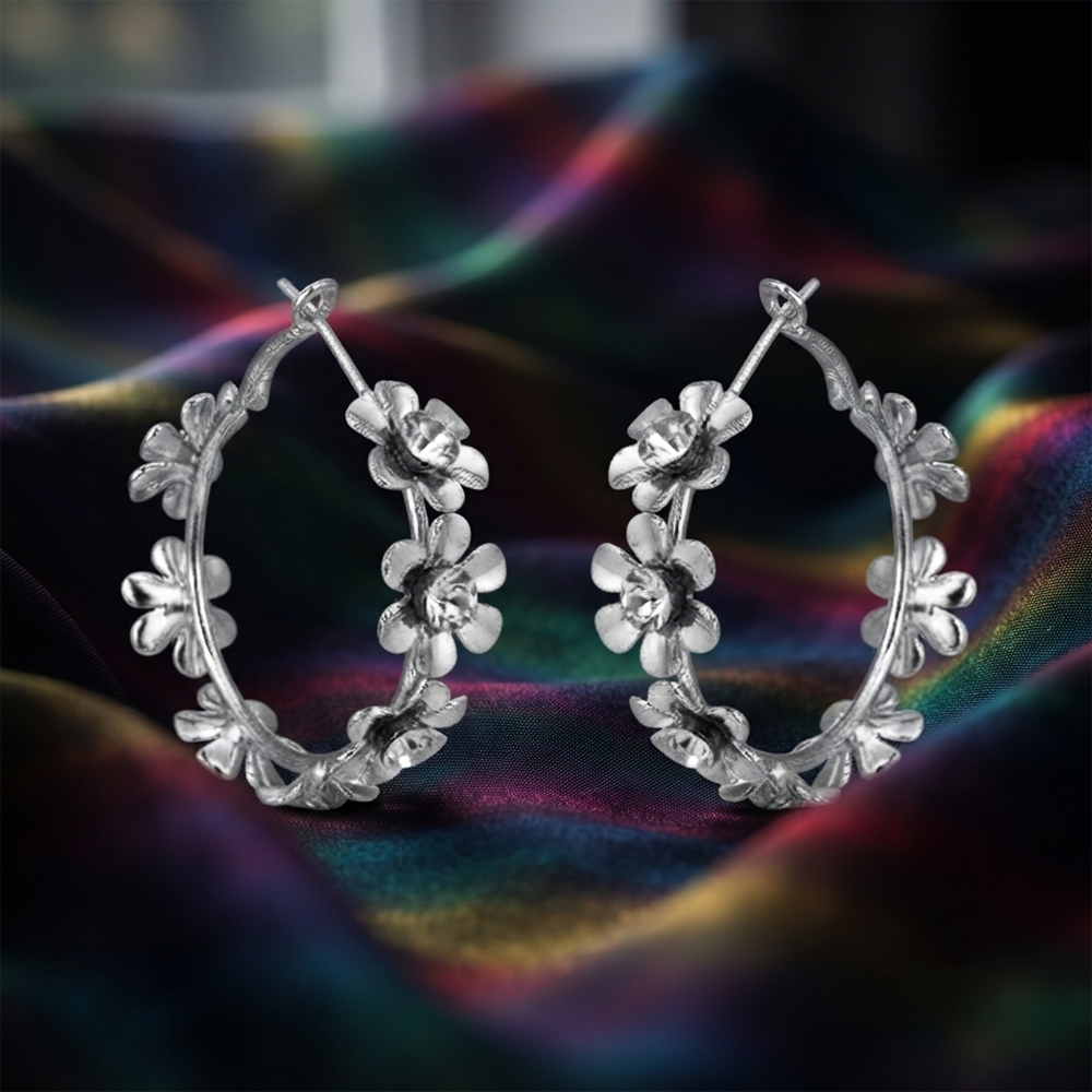 The99Jewel Silver Floral Austrian Stone  Hoop Earrings for Women