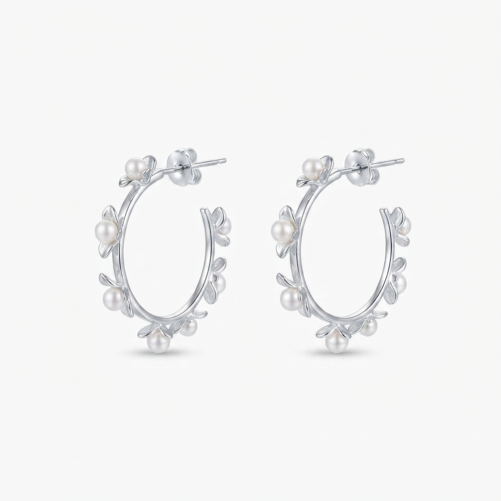 The99Jewel Silver Floral Pearl Hoop Earrings for Women