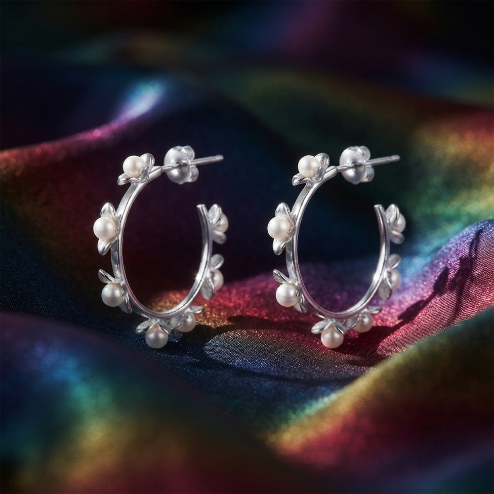 The99Jewel Silver Floral Pearl Hoop Earrings for Women