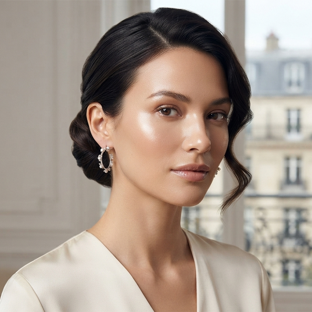 The99Jewel Silver Floral Pearl Hoop Earrings for Women