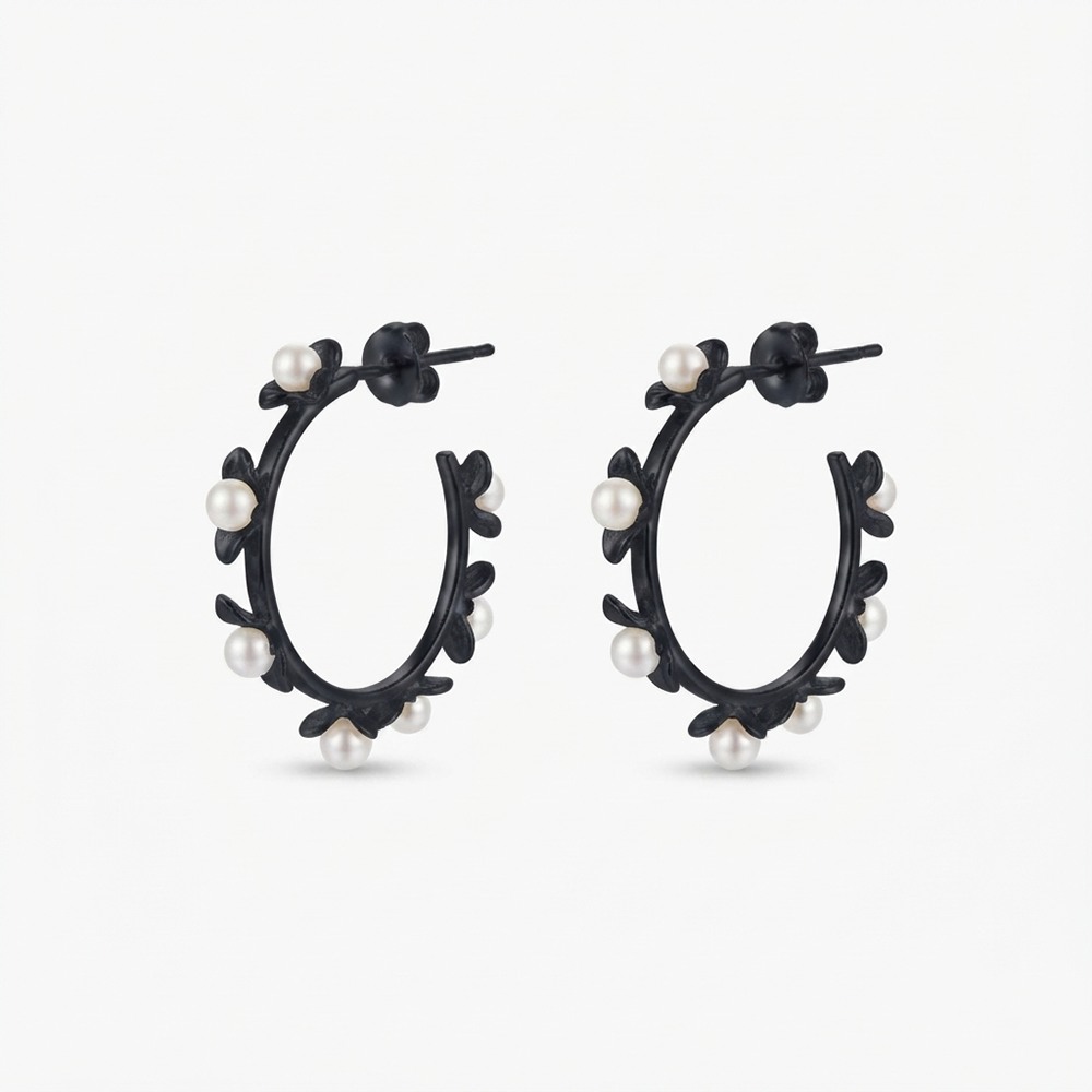 The99Jewel Black Floral Pearl Hoop Earrings for Women