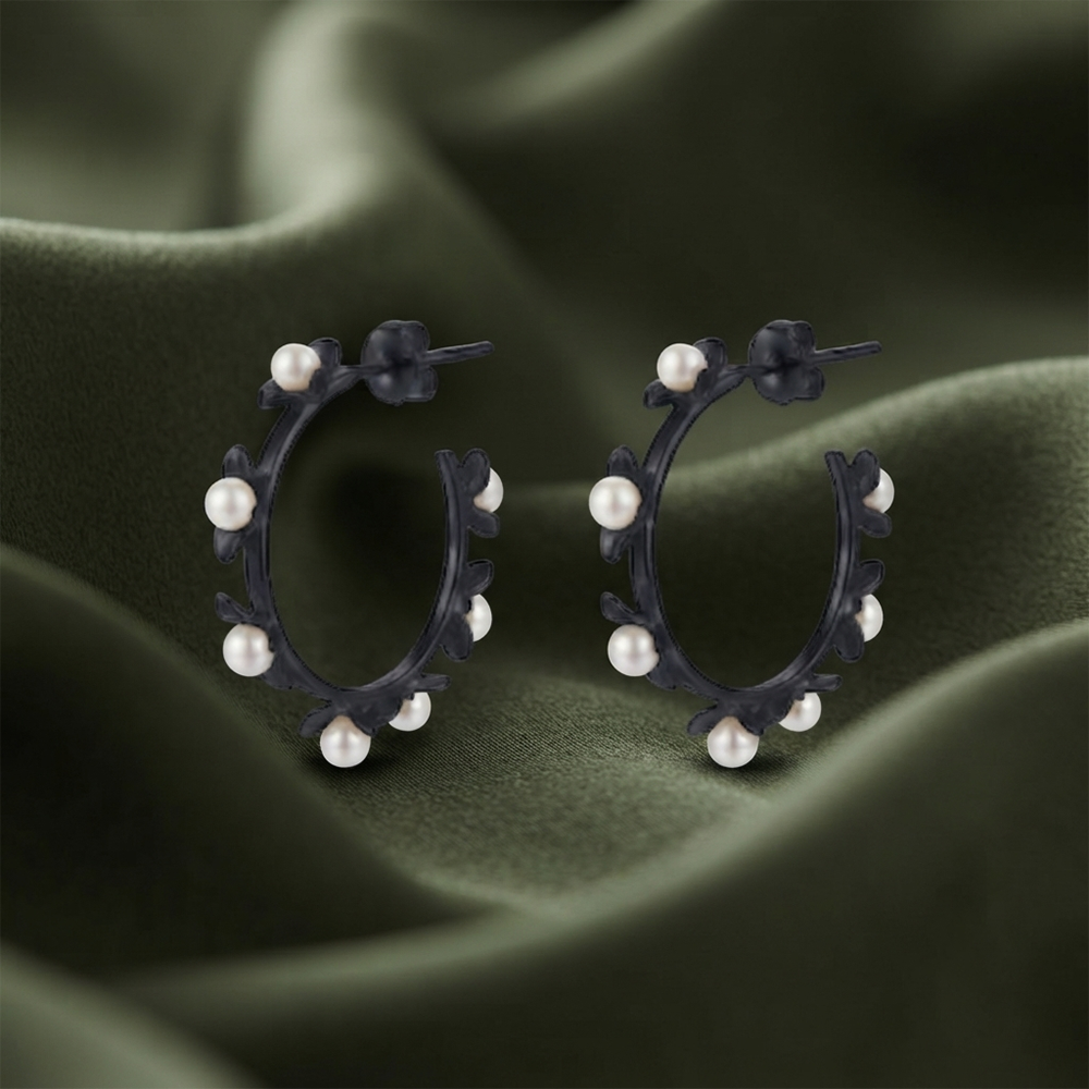 The99Jewel Black Floral Pearl Hoop Earrings for Women