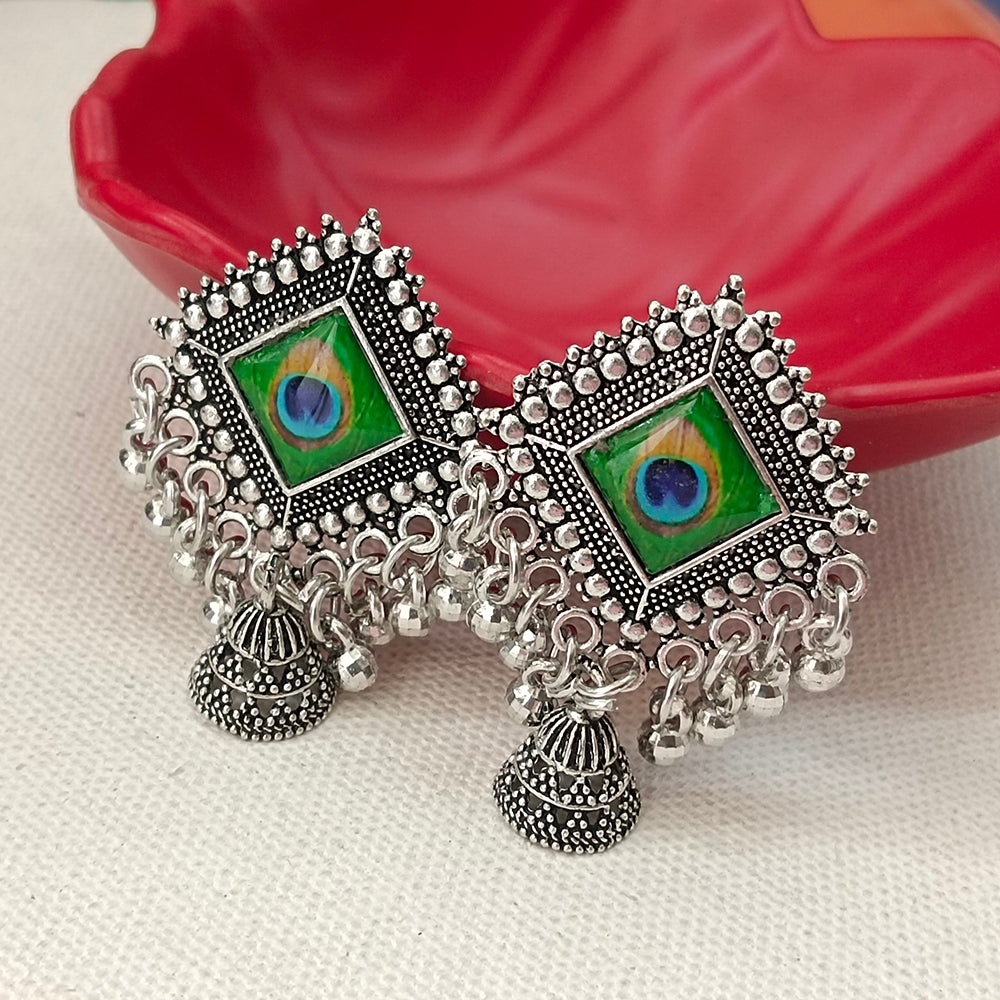 The99Jewel Vintage Oxidised Peacock Inspired Pearl Jhumki Earrings