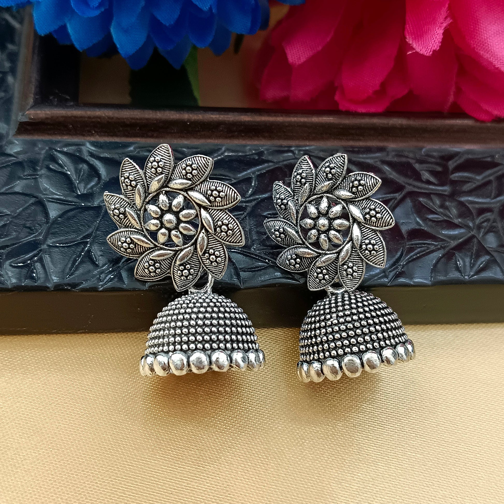 The99Jewel Oxidised Plated Floral Jhumki Earrings