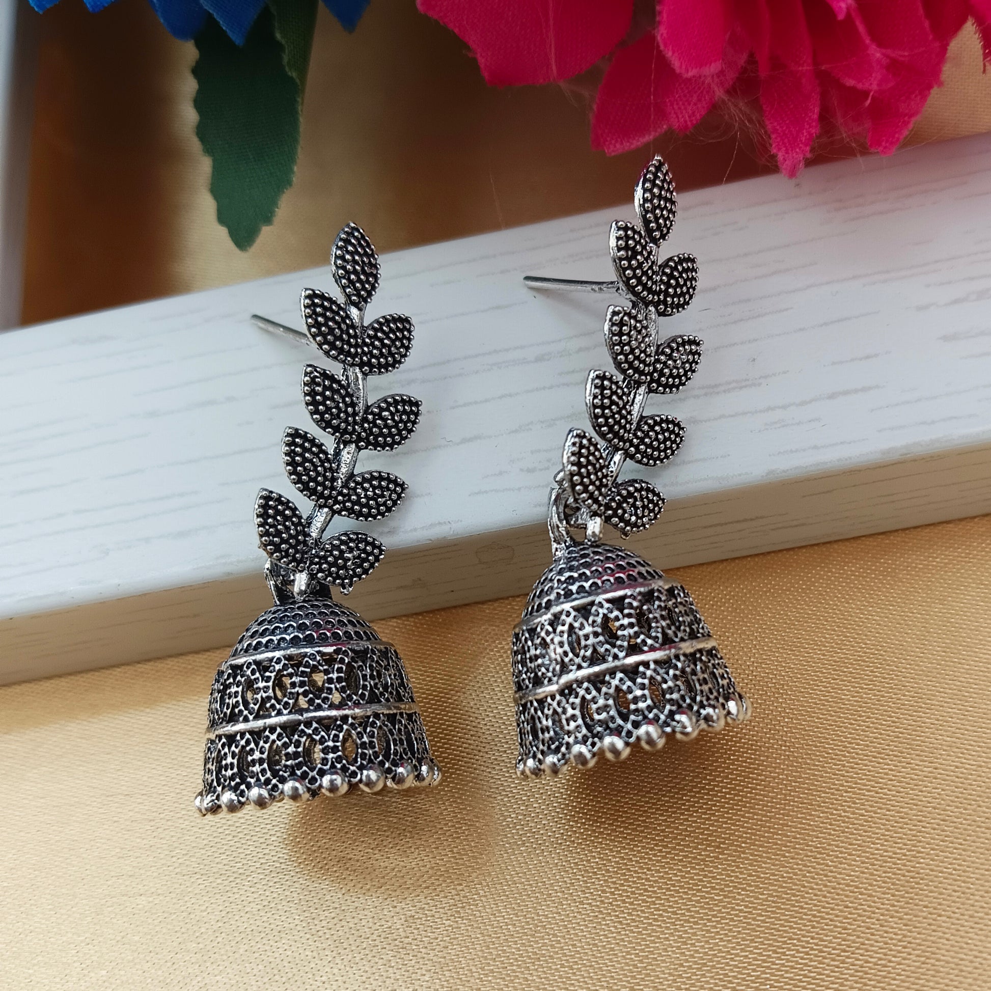 The99Jewel Vintage Oxidised Leaf Pearl Jhumki Earrings