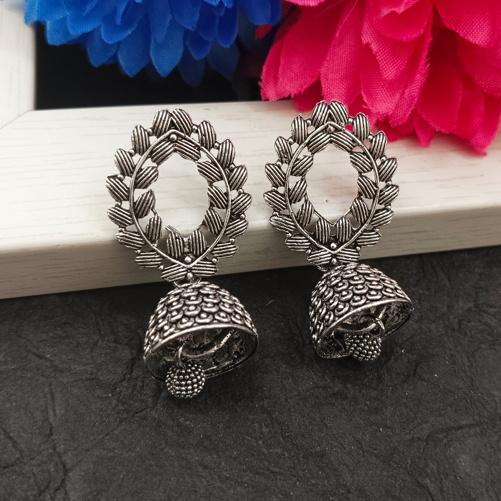 The99Jewel Oxidised Plated Floral Jhumki Earrings