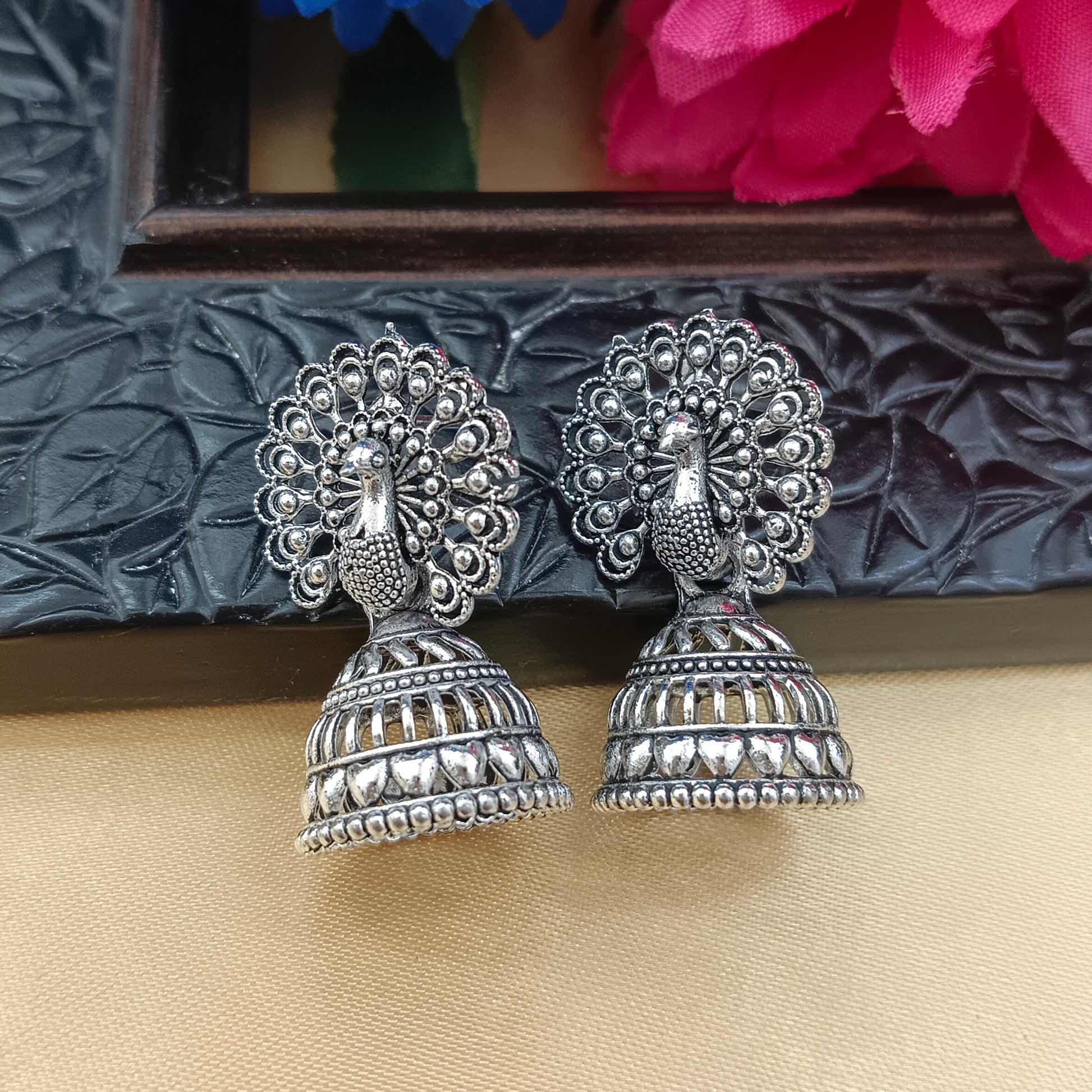The99Jewel Vintage Oxidised Peacock Pearl Jhumki Earrings