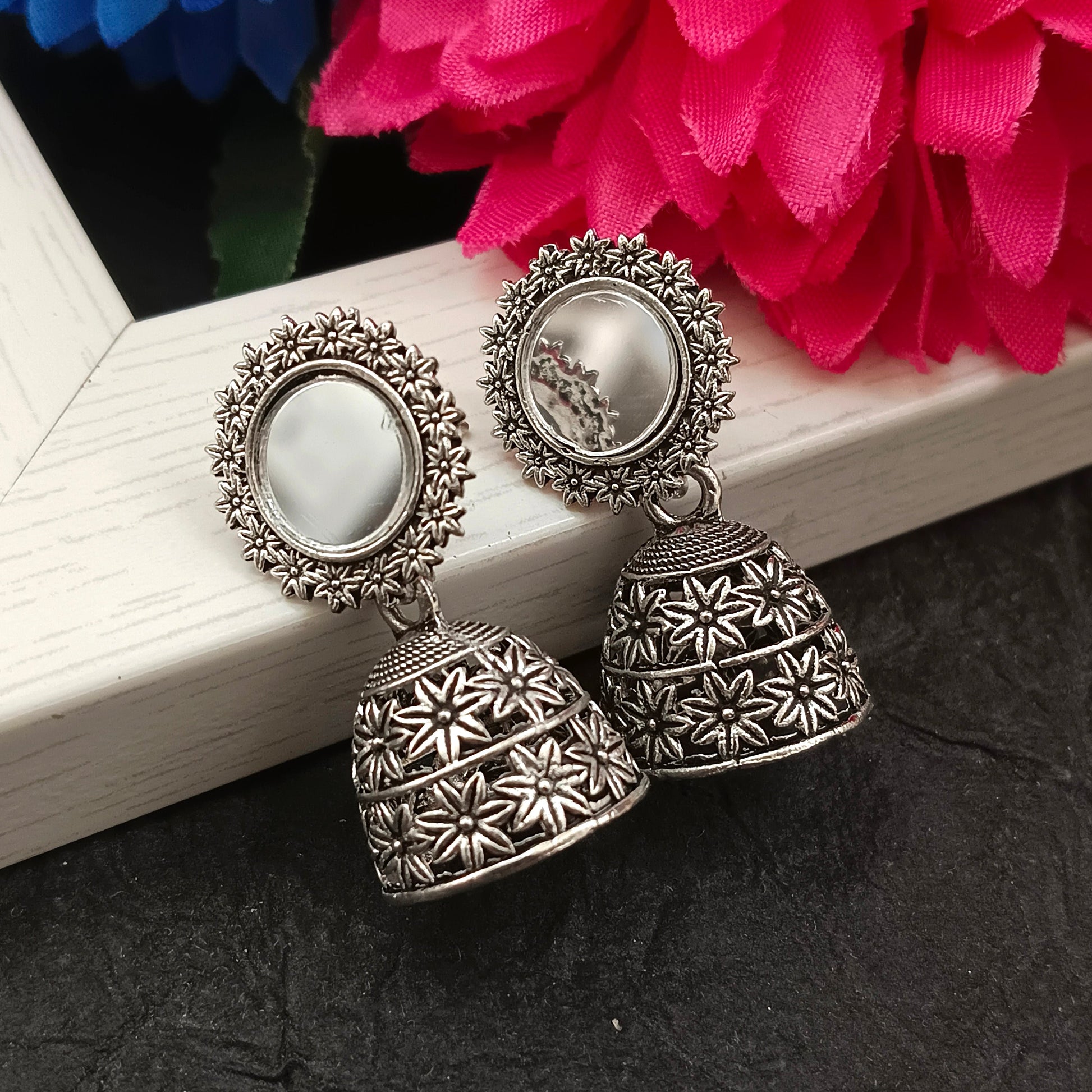 The99Jewel Oxidised Plated Mirror Jhumki Earrings