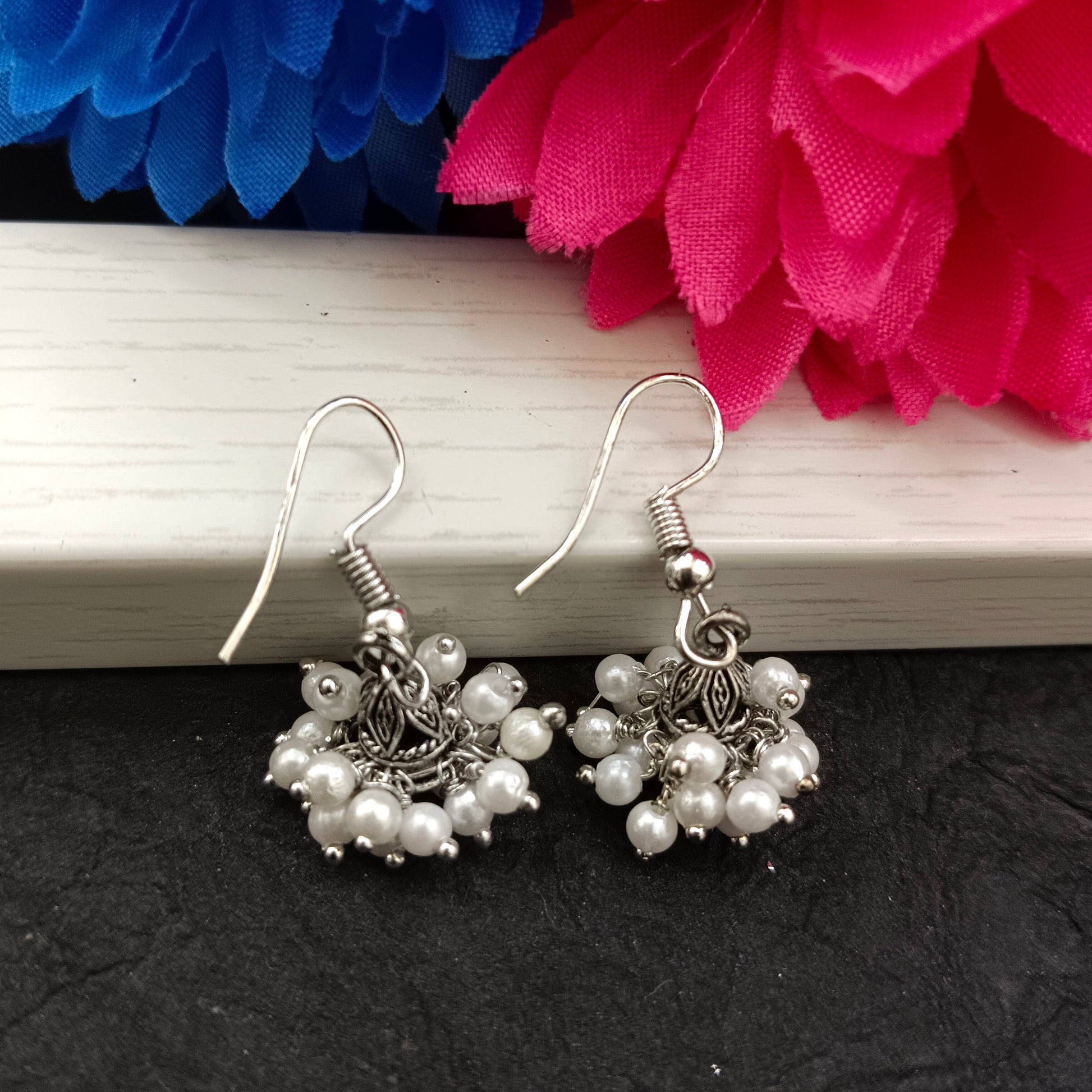 The99Jewel  Oxidised Plated White Pearl Small Jhumki Earrings