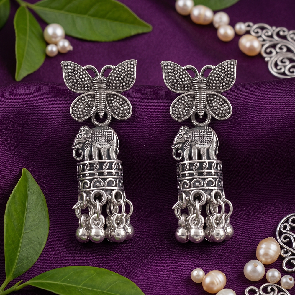 The99Jewel Oxidised Plated Pearl Butterfly Jhumki Earrings