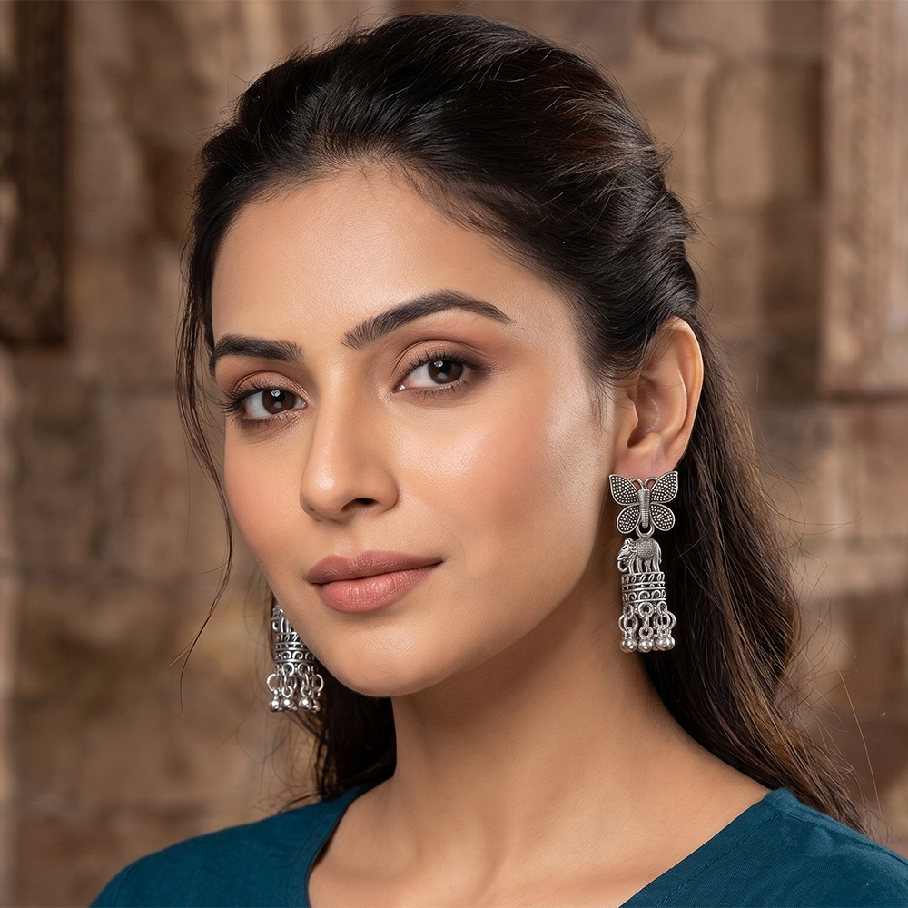 The99Jewel Oxidised Plated Pearl Butterfly Jhumki Earrings