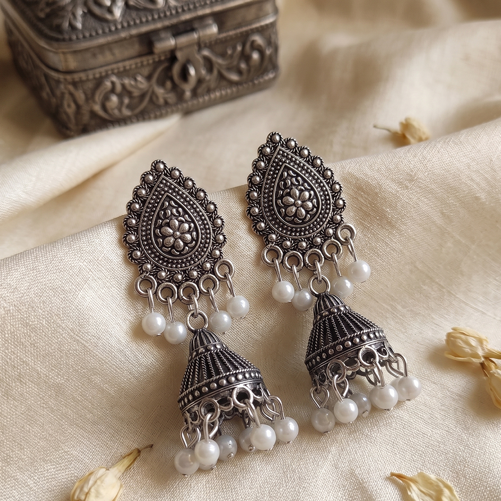The99Jewel Oxidised Plated Pearl Jhumki Earrings 