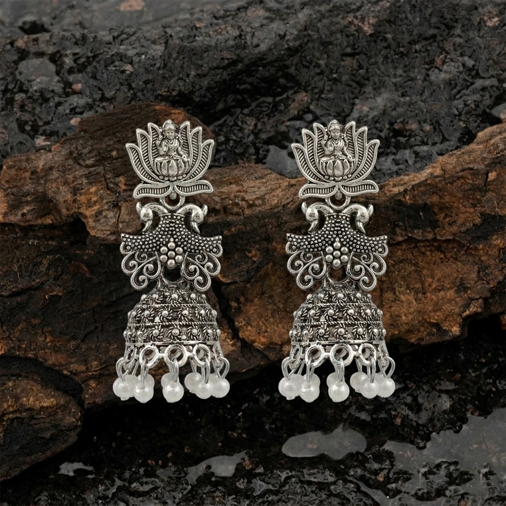 The99Jewel Oxidised Plated Pearl Lotus And Temple Jhumki Earrings