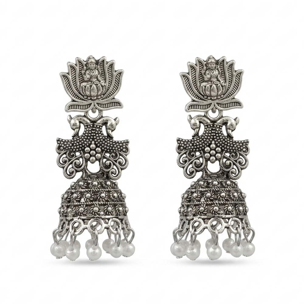 The99Jewel Oxidised Plated Pearl Lotus And Temple Jhumki Earrings