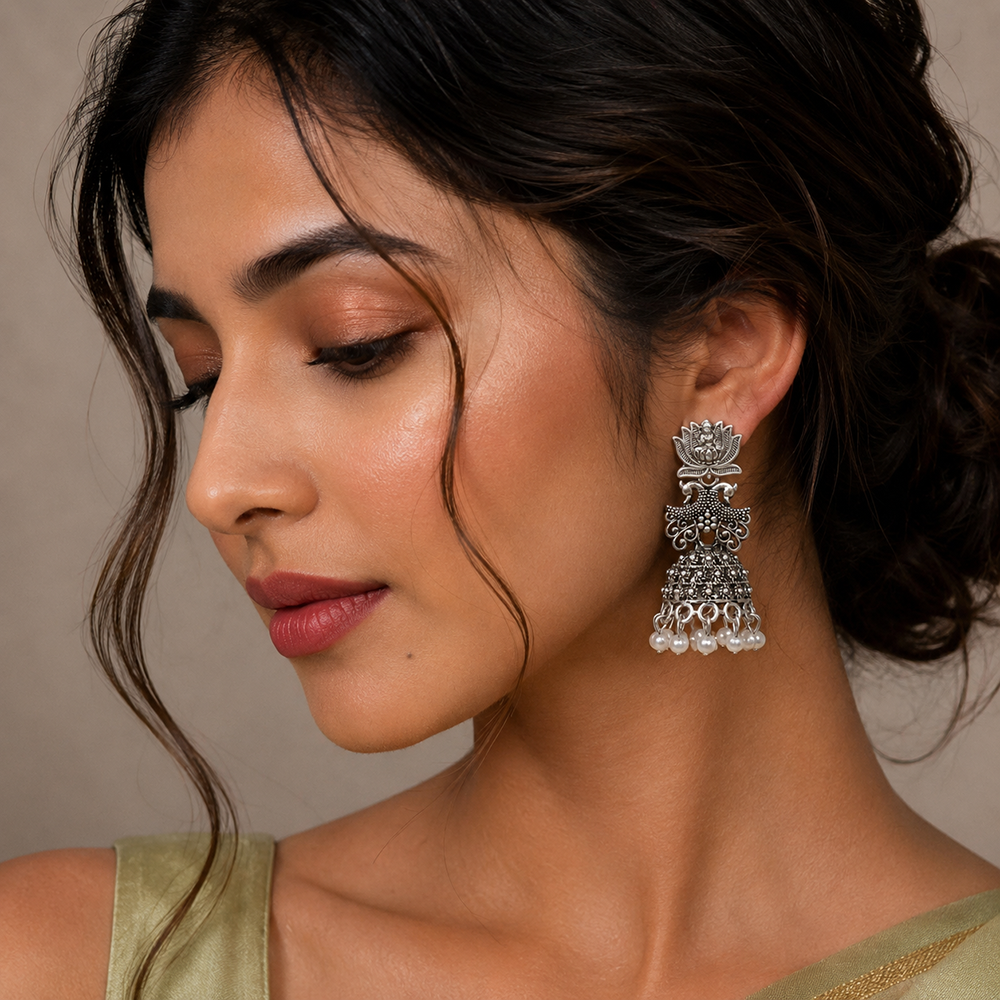 The99Jewel Oxidised Plated Pearl Lotus And Temple Jhumki Earrings