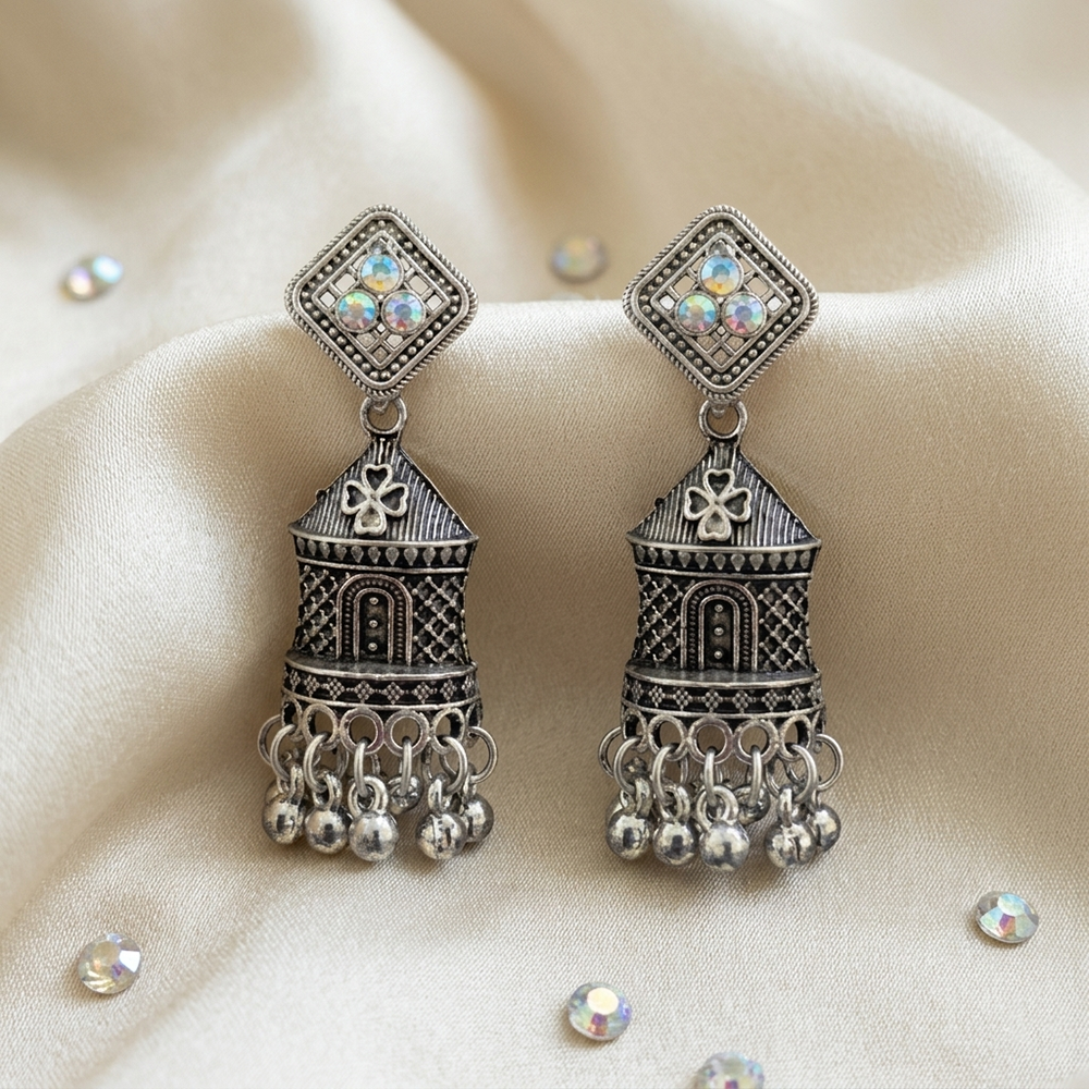 The99Jewel Oxidised Plated Austrian Stone & Pearl Jhumki Earrings 
