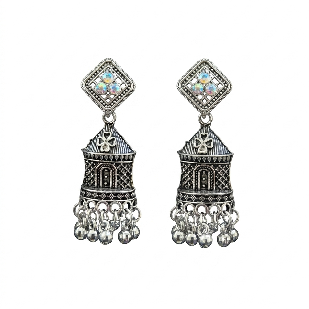The99Jewel Oxidised Plated Austrian Stone & Pearl Jhumki Earrings