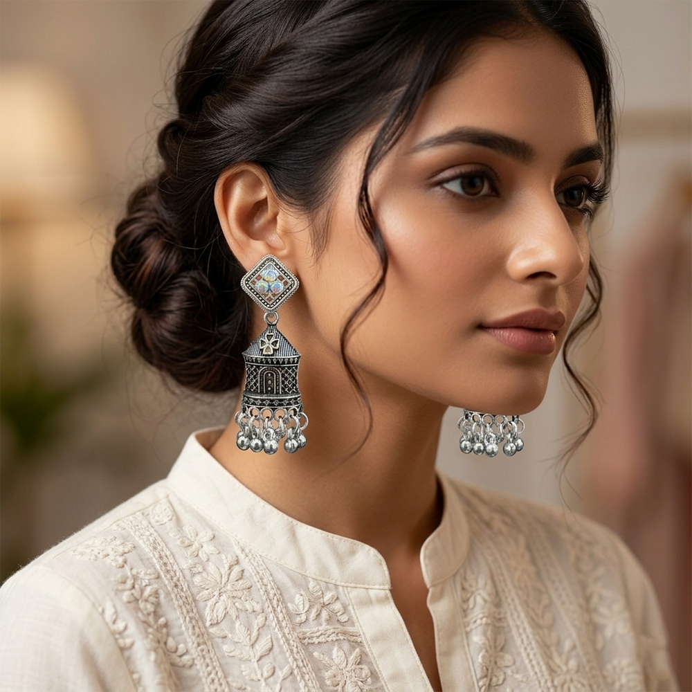 The99Jewel Oxidised Plated Austrian Stone & Pearl Jhumki Earrings