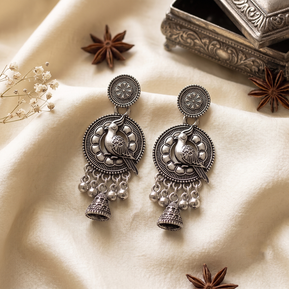 The99Jewel Oxidised Plated Pearl Bird Jhumki Earrings