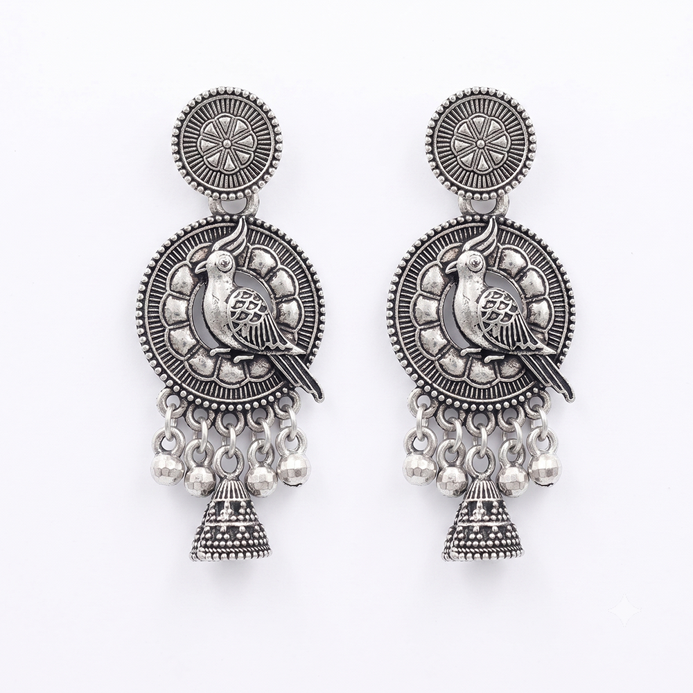 The99Jewel Oxidised Plated Pearl Bird Jhumki Earrings