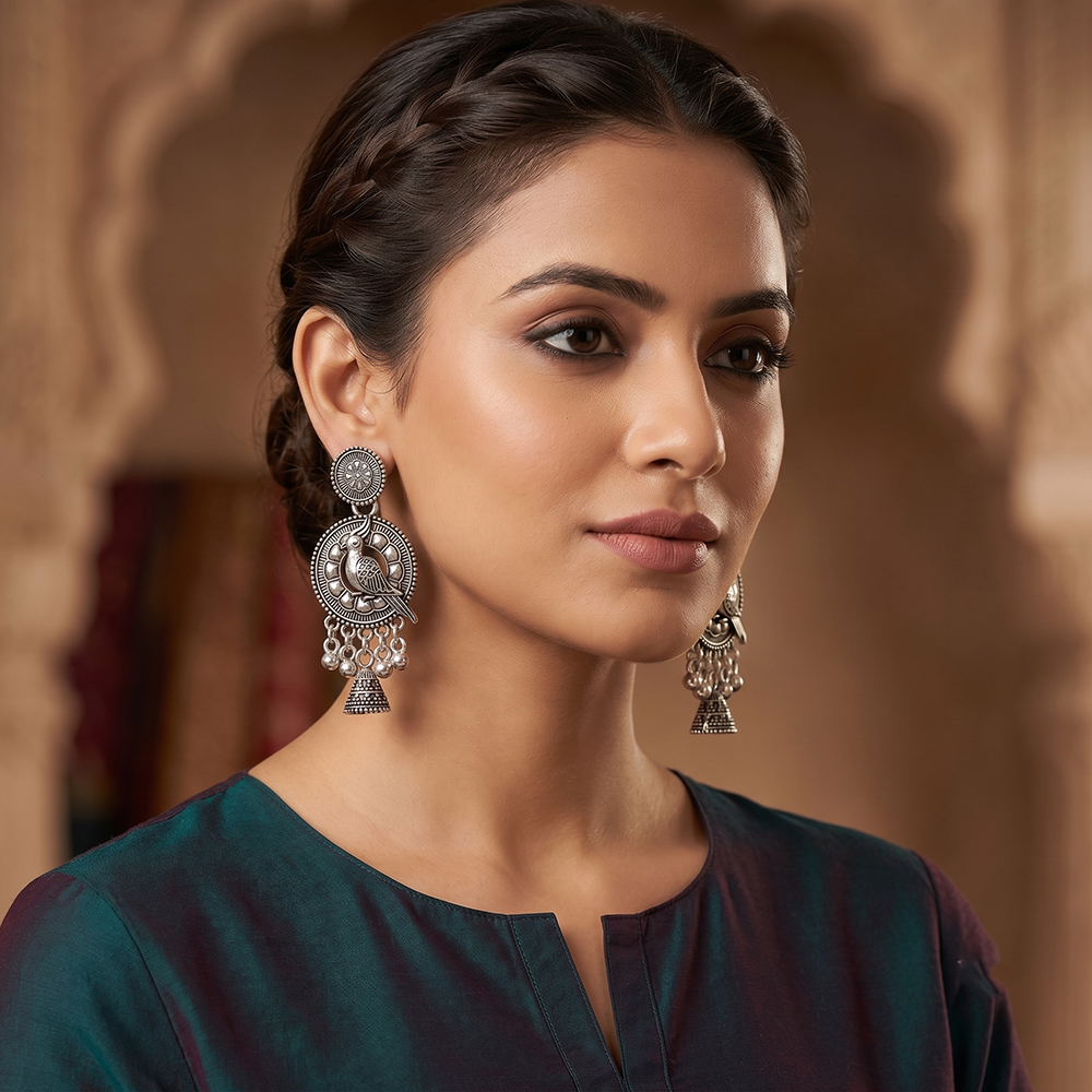 The99Jewel Oxidised Plated Pearl Bird Jhumki Earrings