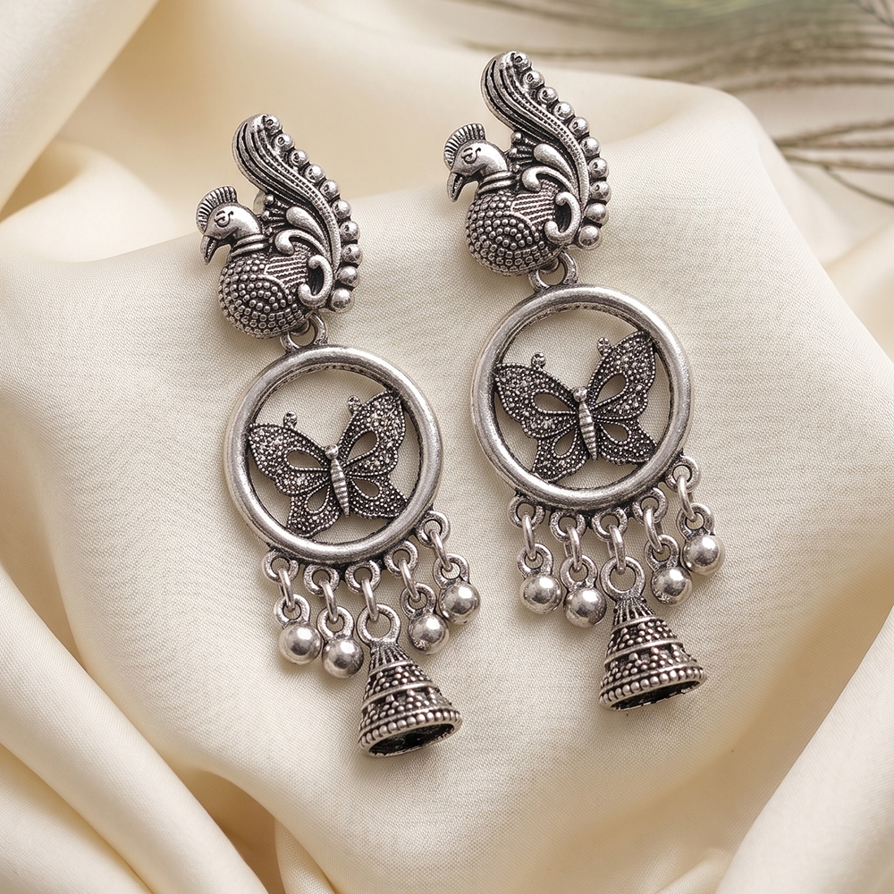 The99Jewel Oxidised Plated Pearl Butterfly & Peacock Design Jhumki Earrings 