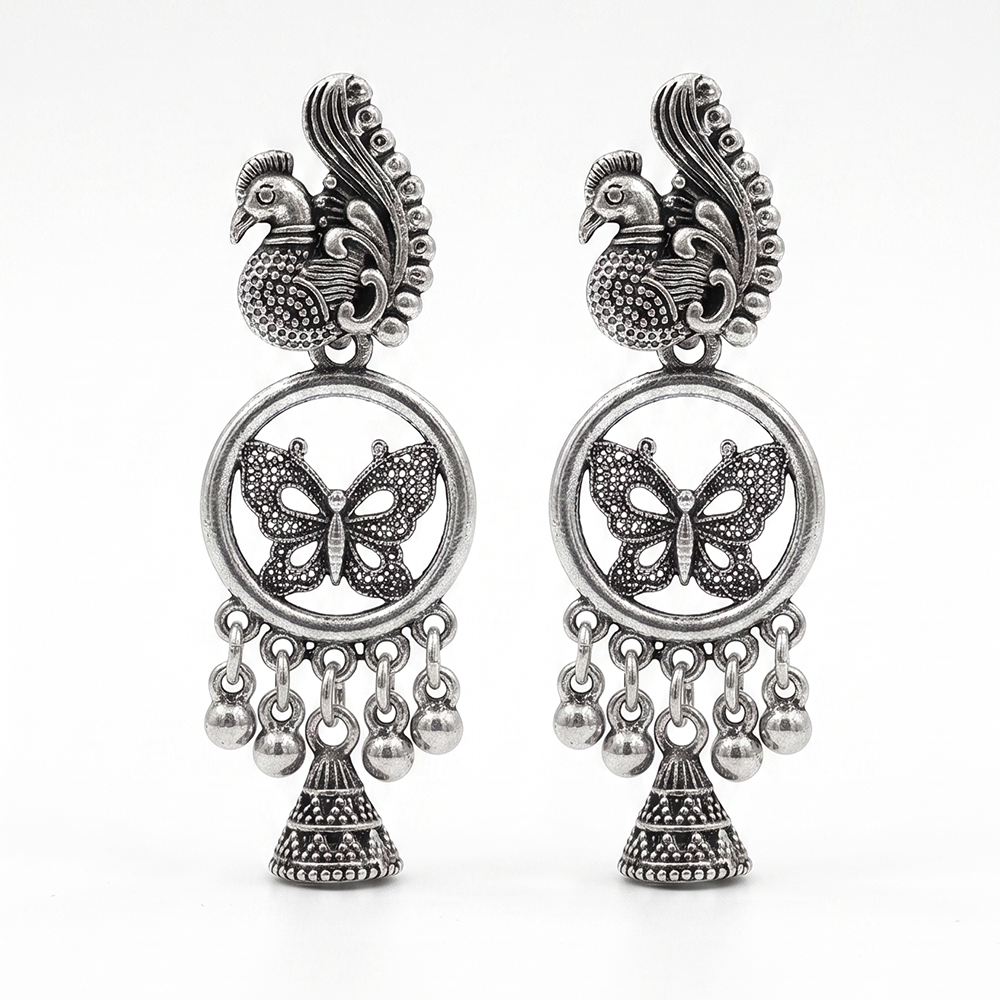 The99Jewel Oxidised Plated Pearl Butterfly & Peacock Design Jhumki Earrings