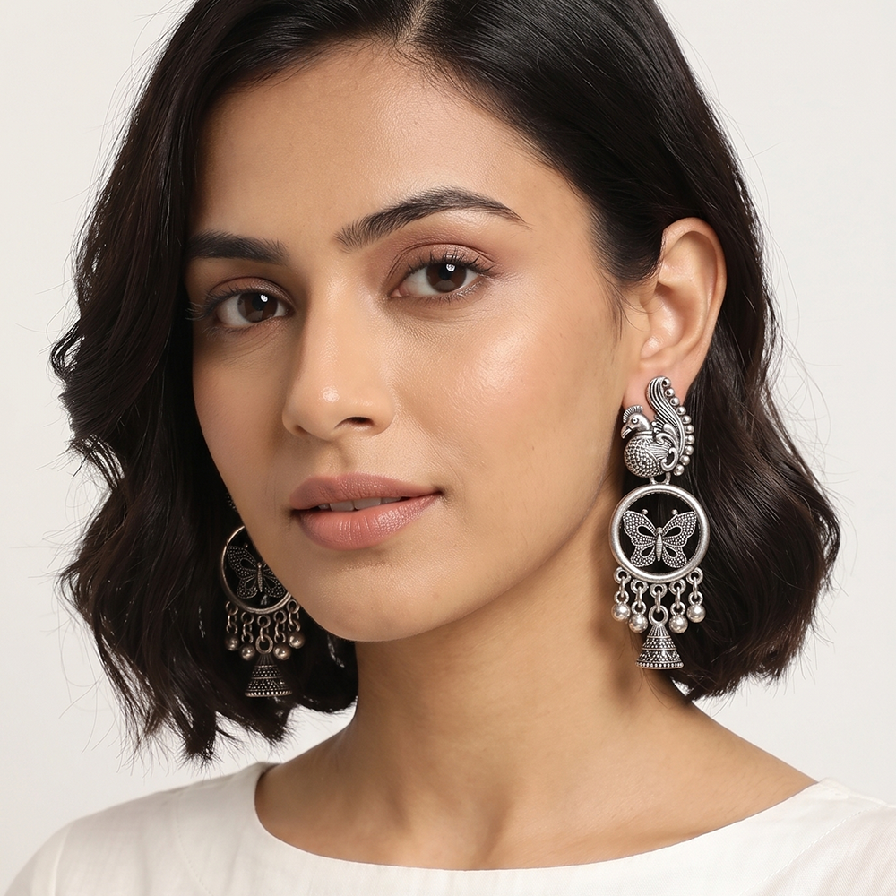 The99Jewel Oxidised Plated Pearl Butterfly & Peacock Design Jhumki Earrings